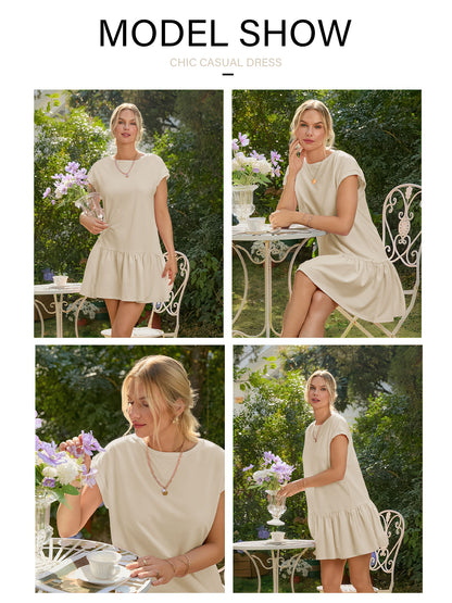 SHIBEVER Womens Summer Dress Casual Ruffle Hem Babydoll T Shirt Dresses for Women Comfy Cap Sleeve Loose Mini Dresses