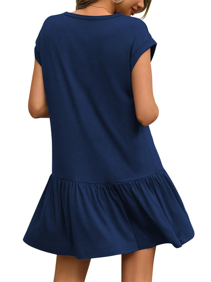 SHIBEVER Womens Summer Dress Casual Ruffle Hem Babydoll T Shirt Dresses for Women Comfy Cap Sleeve Loose Mini Dresses