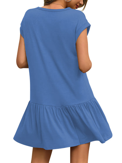 SHIBEVER Womens Summer Dress Casual Ruffle Hem Babydoll T Shirt Dresses for Women Comfy Cap Sleeve Loose Mini Dresses