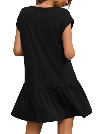SHIBEVER Womens Summer Dress Casual Ruffle Hem Babydoll T Shirt Dresses for Women Comfy Cap Sleeve Loose Mini Dresses