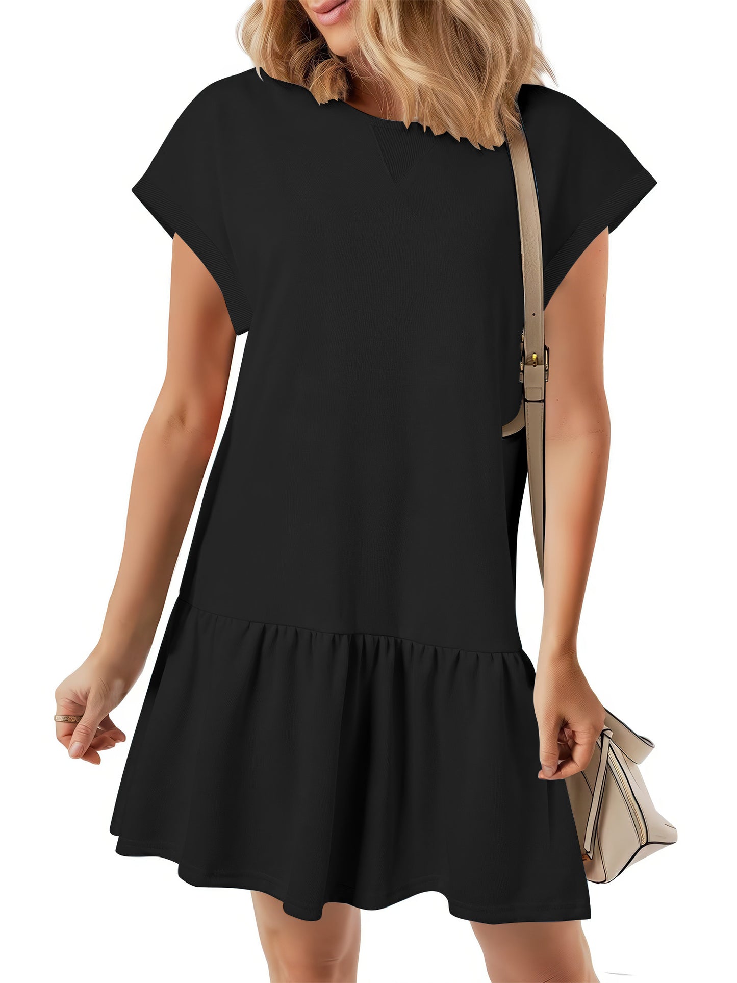 SHIBEVER Womens Summer Dress Casual Ruffle Hem Babydoll T Shirt Dresses for Women Comfy Cap Sleeve Loose Mini Dresses