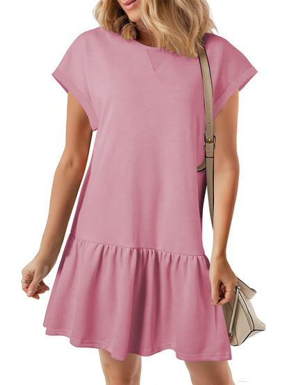 SHIBEVER Womens Summer Dress Casual Ruffle Hem Babydoll T Shirt Dresses for Women Comfy Cap Sleeve Loose Mini Dresses