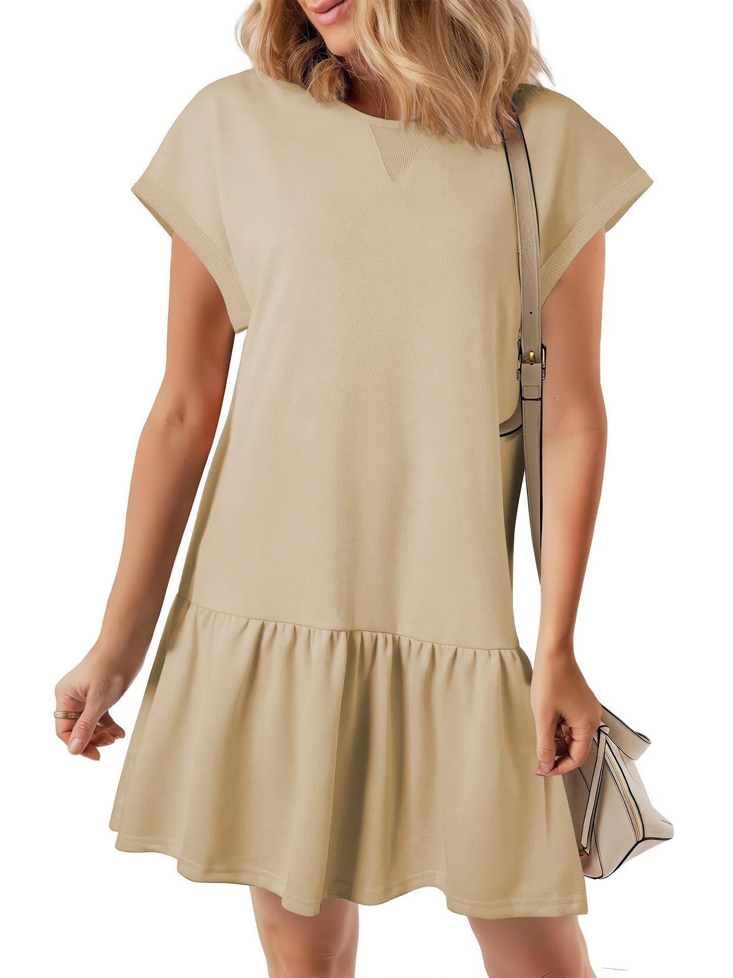 SHIBEVER Womens Summer Dress Casual Ruffle Hem Babydoll T Shirt Dresses for Women Comfy Cap Sleeve Loose Mini Dresses