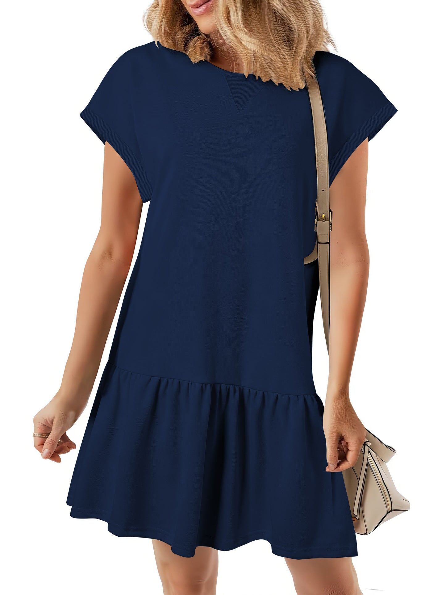 SHIBEVER Womens Summer Dress Casual Ruffle Hem Babydoll T Shirt Dresses for Women Comfy Cap Sleeve Loose Mini Dresses