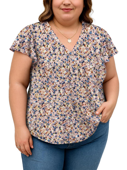 SHIBEVER Womens Tops Plus Size Short Sleeve Summer Floral Top V Neck Tops for women Basic Loose Tees Shirts for Women Casual Clothes