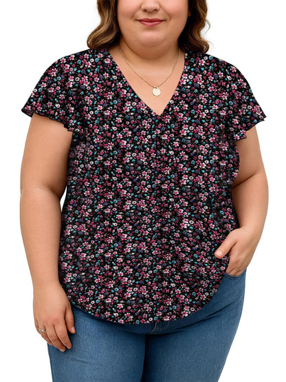 SHIBEVER Womens Tops Plus Size Short Sleeve Summer Floral Top V Neck Tops for women Basic Loose Tees Shirts for Women Casual Clothes
