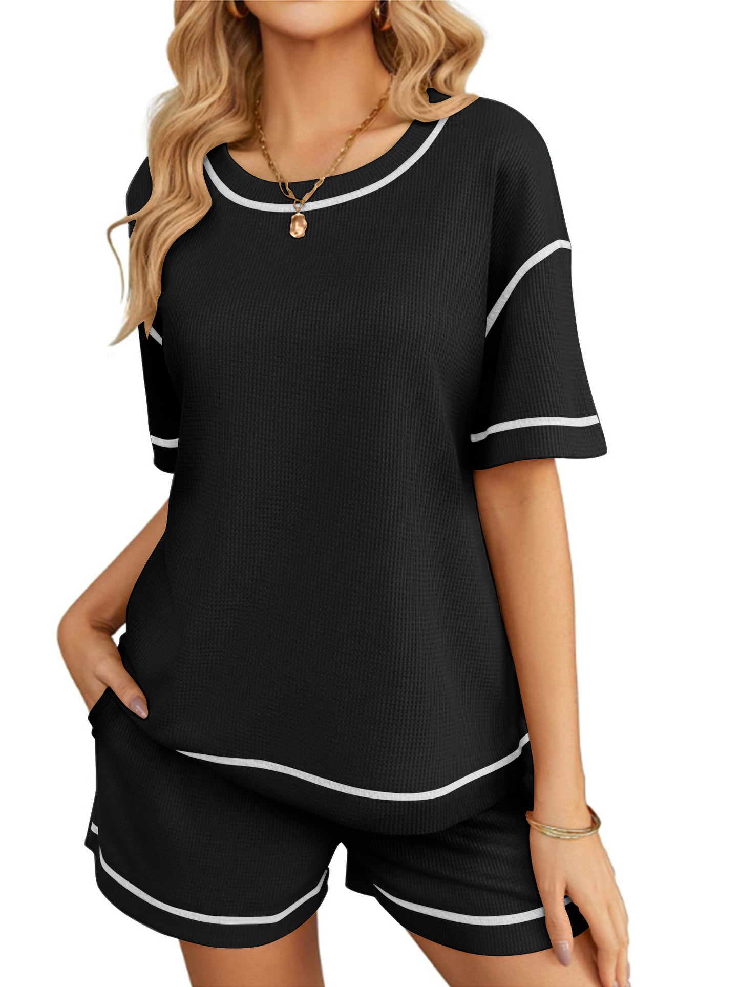 SHIBEVER 2 Piece Sets for Women Summer Casual Short Sleeve Crew Neck Top and Shorts Set Outfits for Women Clothing Sets Black