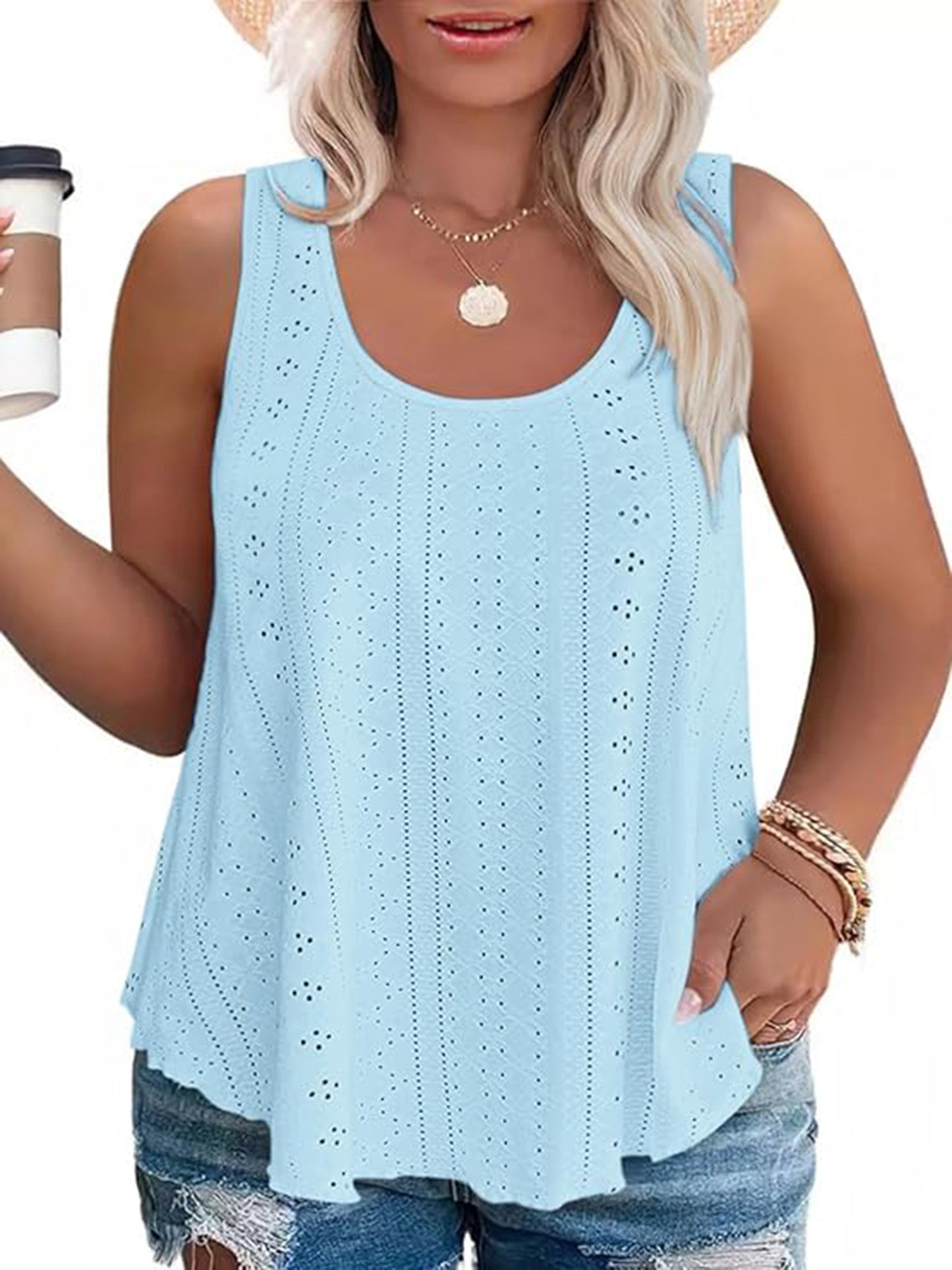 LANREMON Plus Size Tank Tops Womens Summer Tank Top for Women White Eyelet Embroidery Scoop Neck Loose Fit Sleeveless Tunic Tops