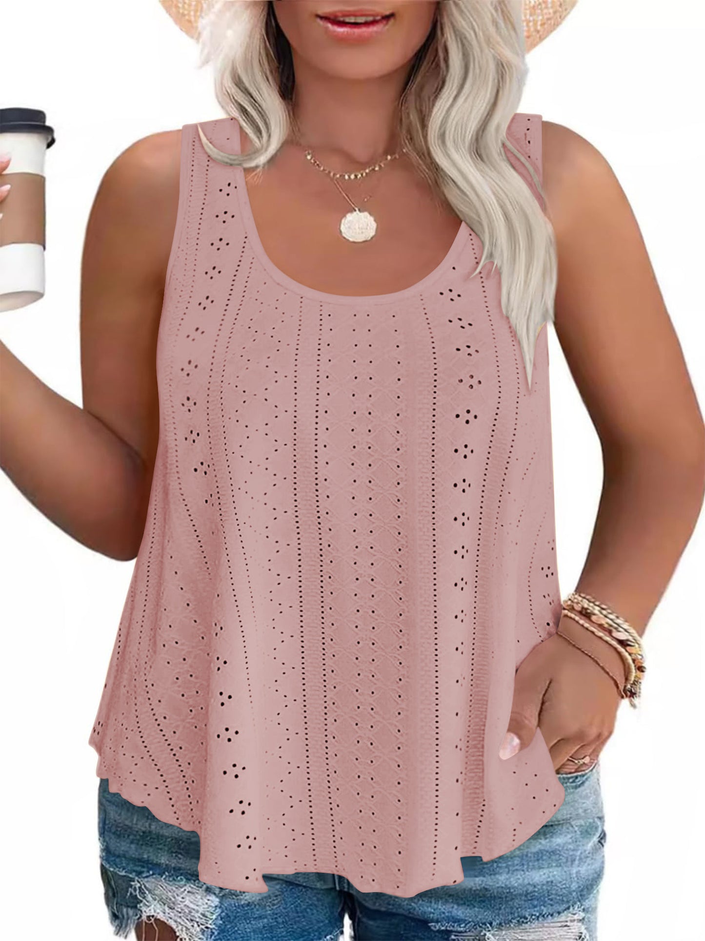 LANREMON Plus Size Tank Tops Womens Summer Tank Top for Women White Eyelet Embroidery Scoop Neck Loose Fit Sleeveless Tunic Tops