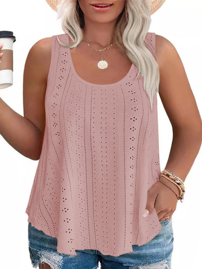 LANREMON Plus Size Tank Tops Womens Summer Tank Top for Women White Eyelet Embroidery Scoop Neck Loose Fit Sleeveless Tunic Tops