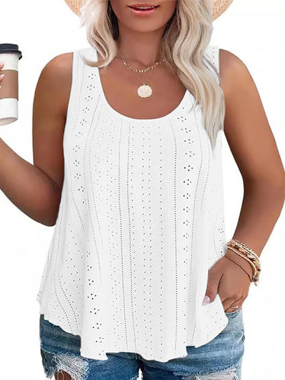 LANREMON Plus Size Tank Tops Womens Summer Tank Top for Women White Eyelet Embroidery Scoop Neck Loose Fit Sleeveless Tunic Tops