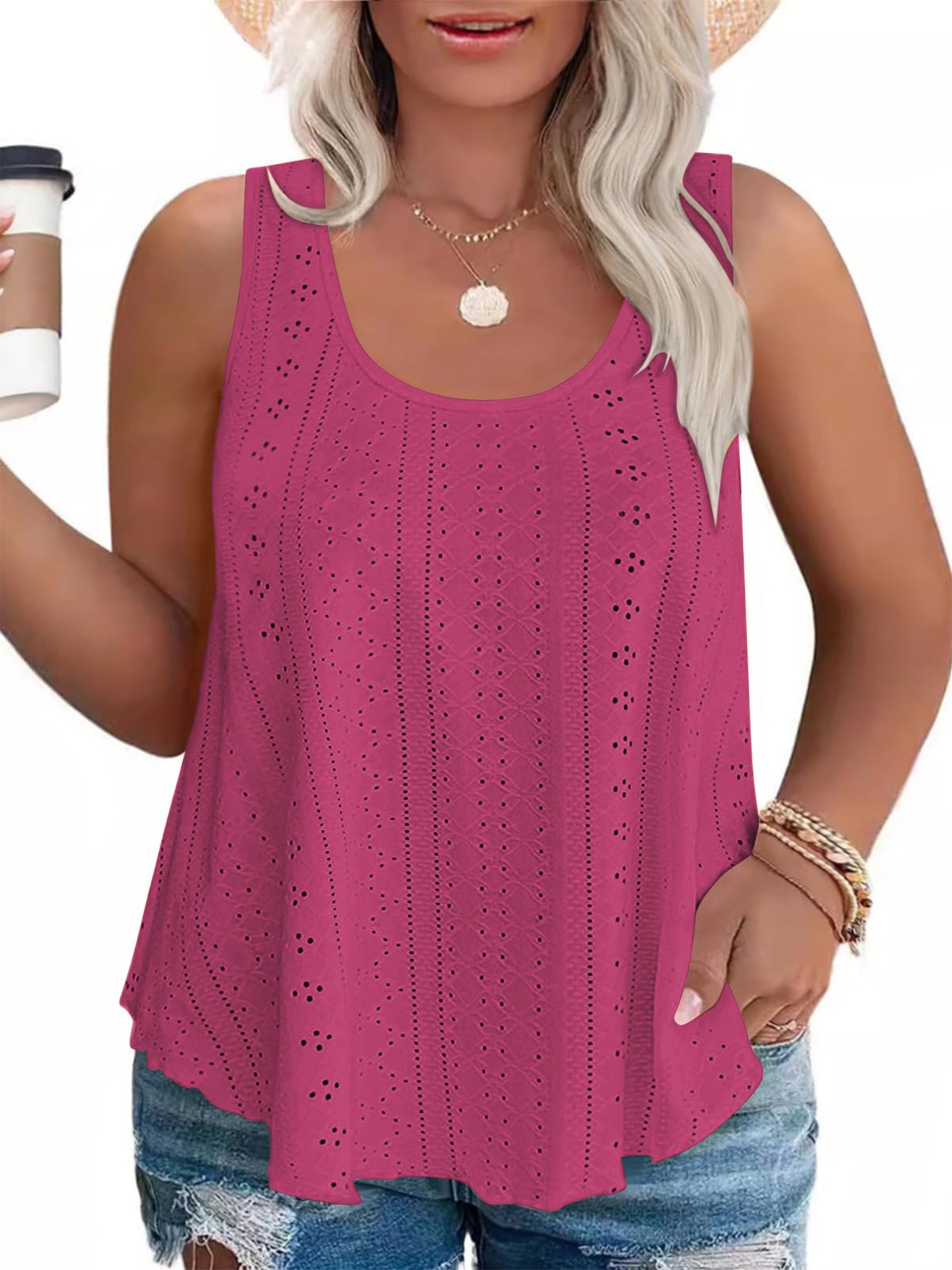 LANREMON Plus Size Tank Tops Womens Summer Tank Top for Women White Eyelet Embroidery Scoop Neck Loose Fit Sleeveless Tunic Tops