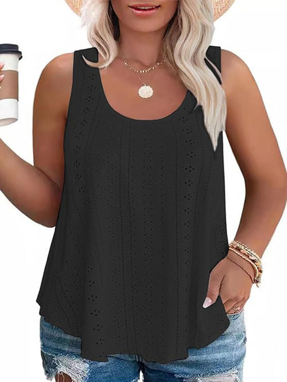 LANREMON Plus Size Tank Tops Womens Summer Tank Top for Women White Eyelet Embroidery Scoop Neck Loose Fit Sleeveless Tunic Tops