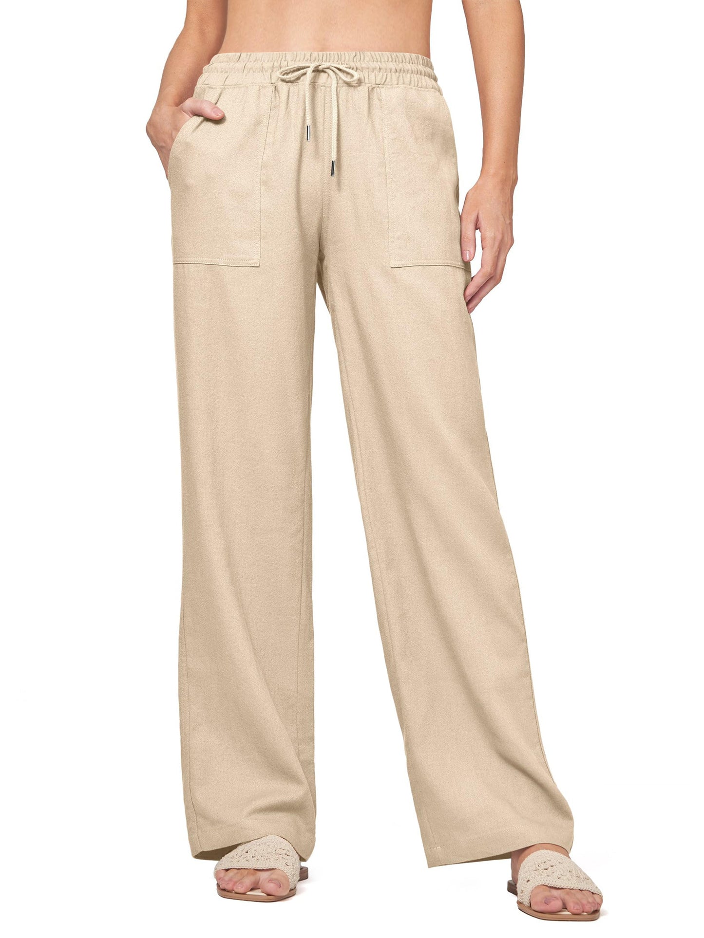 SWQZVT Womens Pants Linen Summer Cargo Casual Pants for Women Wide Leg Loose Drawstring Pants with Pocket Lightweight Lounge Comfort Pant
