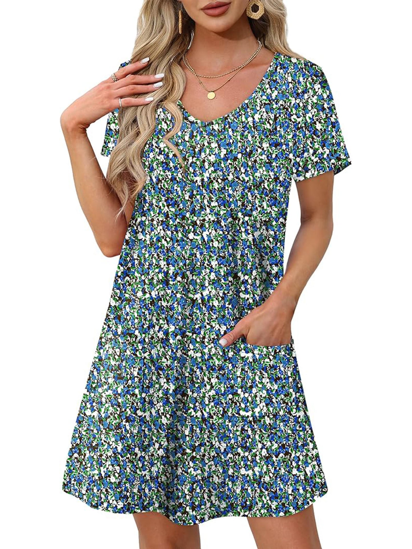 TEMOFON Summer Dresses for Women Sundresses for Women  Scoop Neck Tshirt Dress With Pockets Bohemian Floral Dress