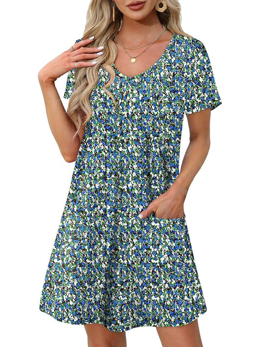 TEMOFON Summer Dresses for Women Sundresses for Women  Scoop Neck Tshirt Dress With Pockets Bohemian Floral Dress