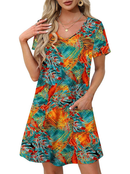 TEMOFON Summer Dresses for Women Sundresses for Women  Scoop Neck Tshirt Dress With Pockets Bohemian Floral Dress