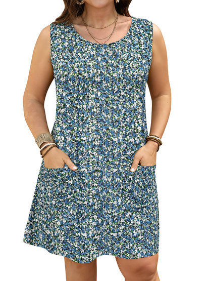 LANREMON Womens Dress Summer Plus Size Sundresses for Women Scoop Neck Loose Fit Sleeveless Dresses with Pockets