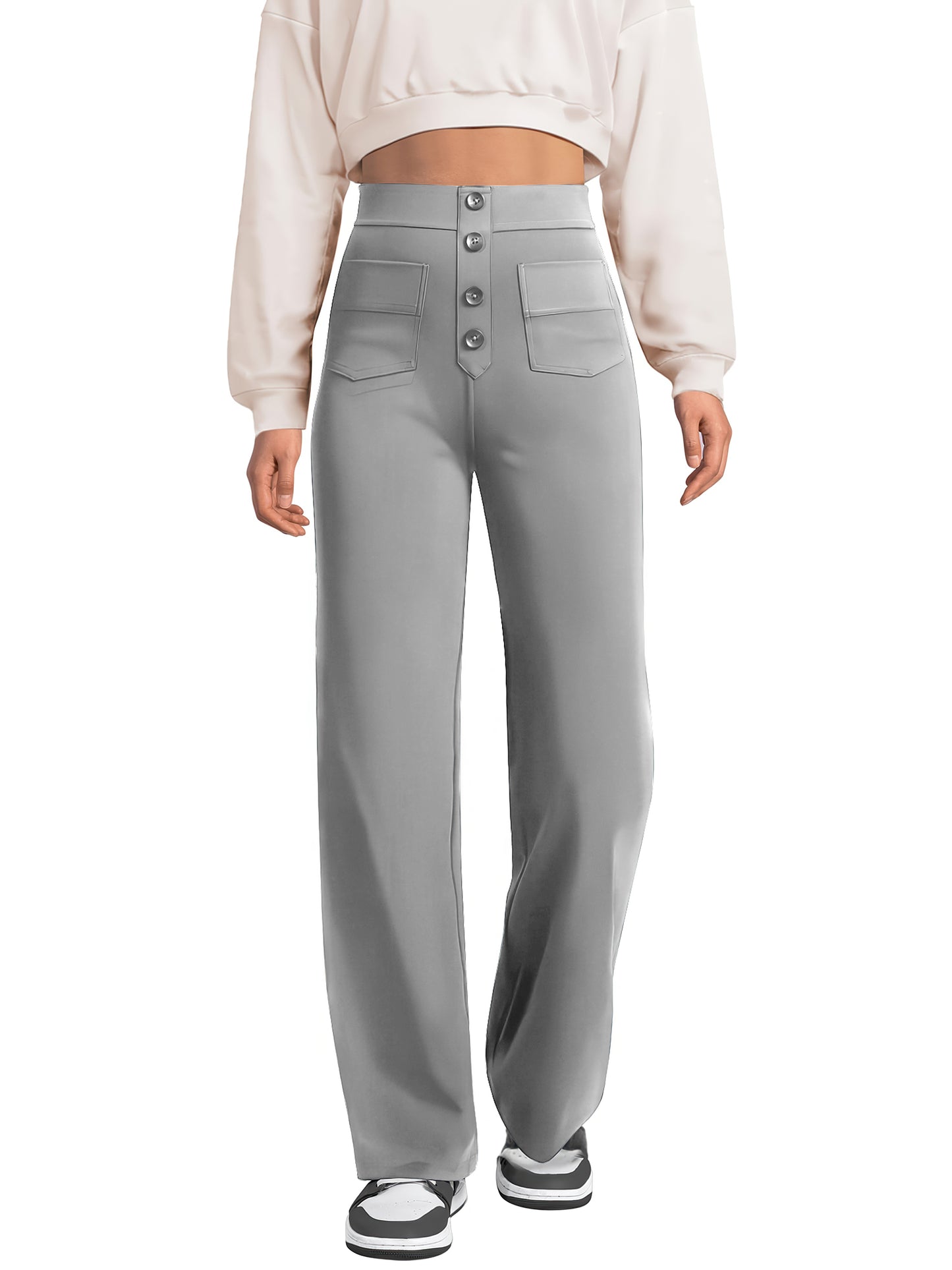 SWQZVT Womens Straight Leg Pants High Waisted Button Stretchy Business Work Casual Trousers Multiple Pockets Pants for Womens Clothes Elastic Waisted Slacks Casual