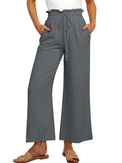SWQZVT Womens Linen Pants Casual Loose High Waist Wide Leg Cropped Palazzo Beach Pants for Womens Clothes Summer Trendy Pants with Pocket Drawstring Trousers Adjustable Waisted Slacks