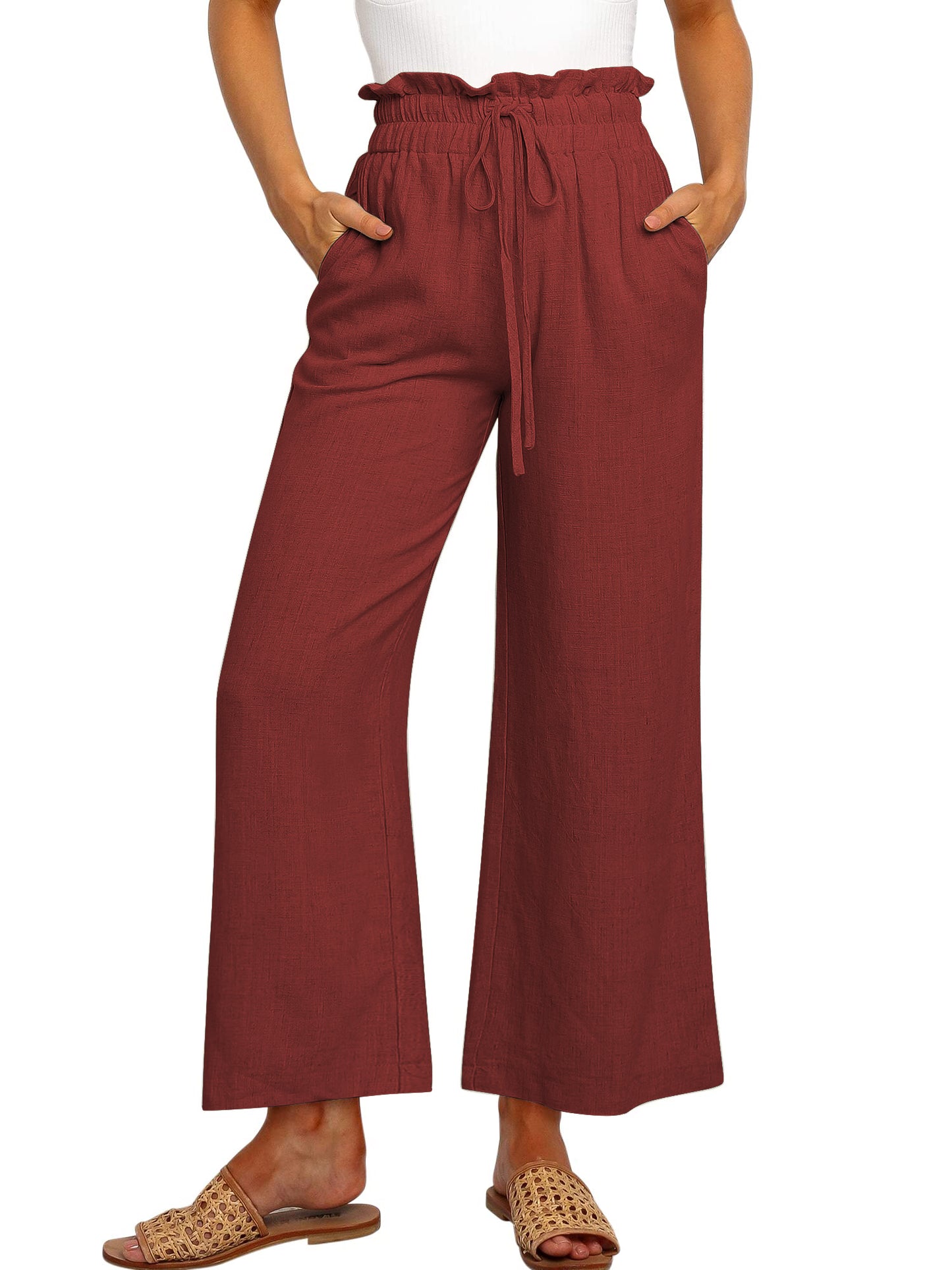 SWQZVT Womens Linen Pants Casual Loose High Waist Wide Leg Cropped Palazzo Beach Pants for Womens Clothes Summer Trendy Pants with Pocket Drawstring Trousers Adjustable Waisted Slacks