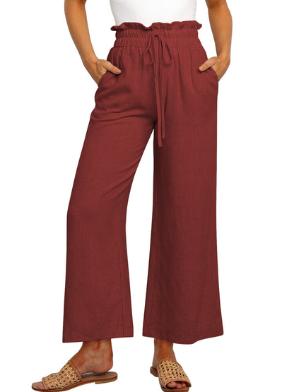 SWQZVT Womens Linen Pants Casual Loose High Waist Wide Leg Cropped Palazzo Beach Pants for Womens Clothes Summer Trendy Pants with Pocket Drawstring Trousers Adjustable Waisted Slacks