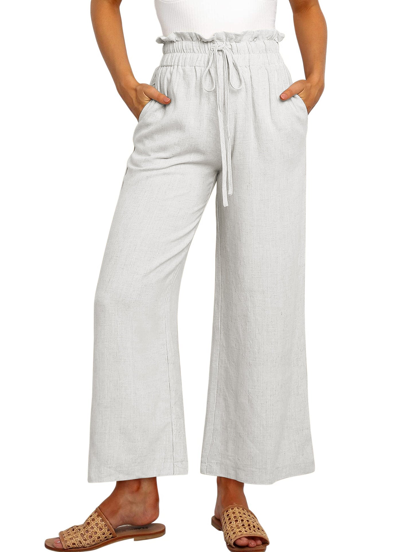 SWQZVT Womens Linen Pants Casual Loose High Waist Wide Leg Cropped Palazzo Beach Pants for Womens Clothes Summer Trendy Pants with Pocket Drawstring Trousers Adjustable Waisted Slacks
