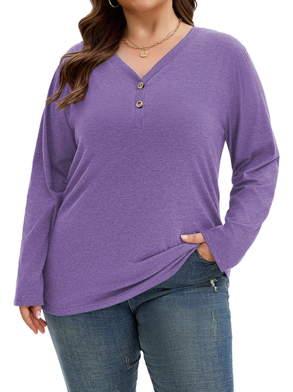 SHIBEVER Long Sleeve Shirts for Women Plus Size Womens Clothes Fall Shirts for Women Basic V Neck Tops for Women with Button Winter Cotton Purple