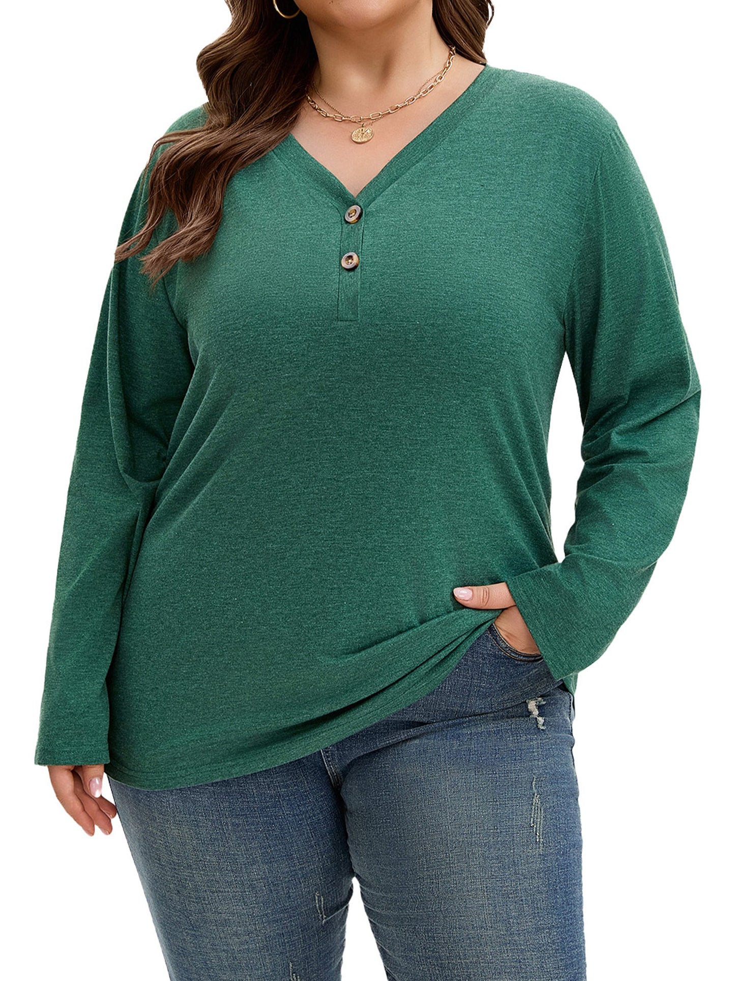 SHIBEVER Long Sleeve Shirts for Women Plus Size Womens Clothes Fall Tops for Women Basic V Neck Tops for Women Cotton Top Winter Green