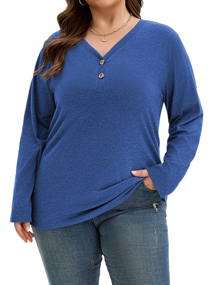 SHIBEVER Long Sleeve Shirts for Women Plus Size Womens Clothes Loose Fall Shirts V Neck Tops for Women with Button Cotton Top Winter Blue