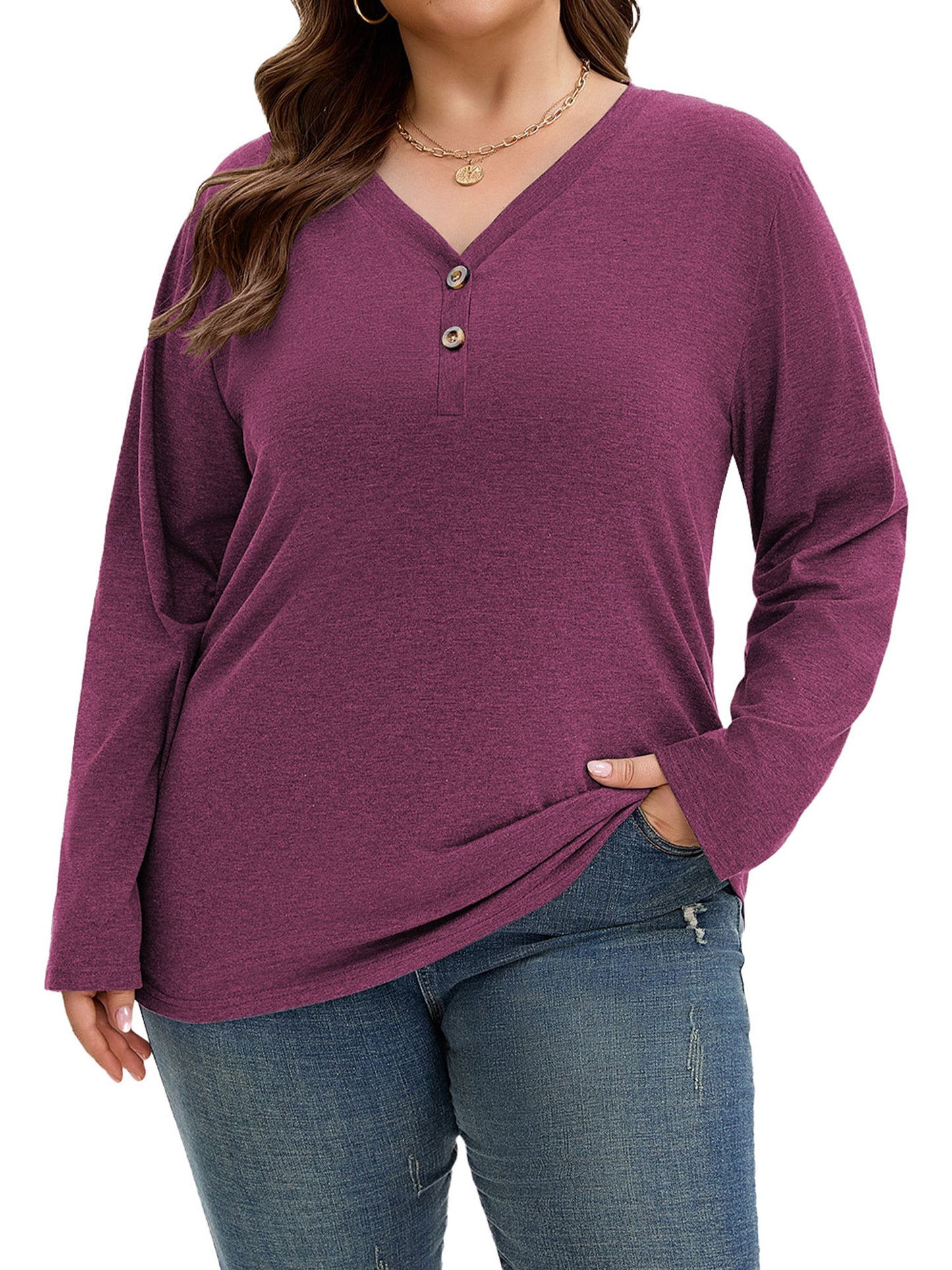 SHIBEVER Long Sleeve Shirts for Women Plus Size Womens Clothes V Neck Lightweight Fall Tops for Women Cotton Long Sleeve Tops for Women Winter Red