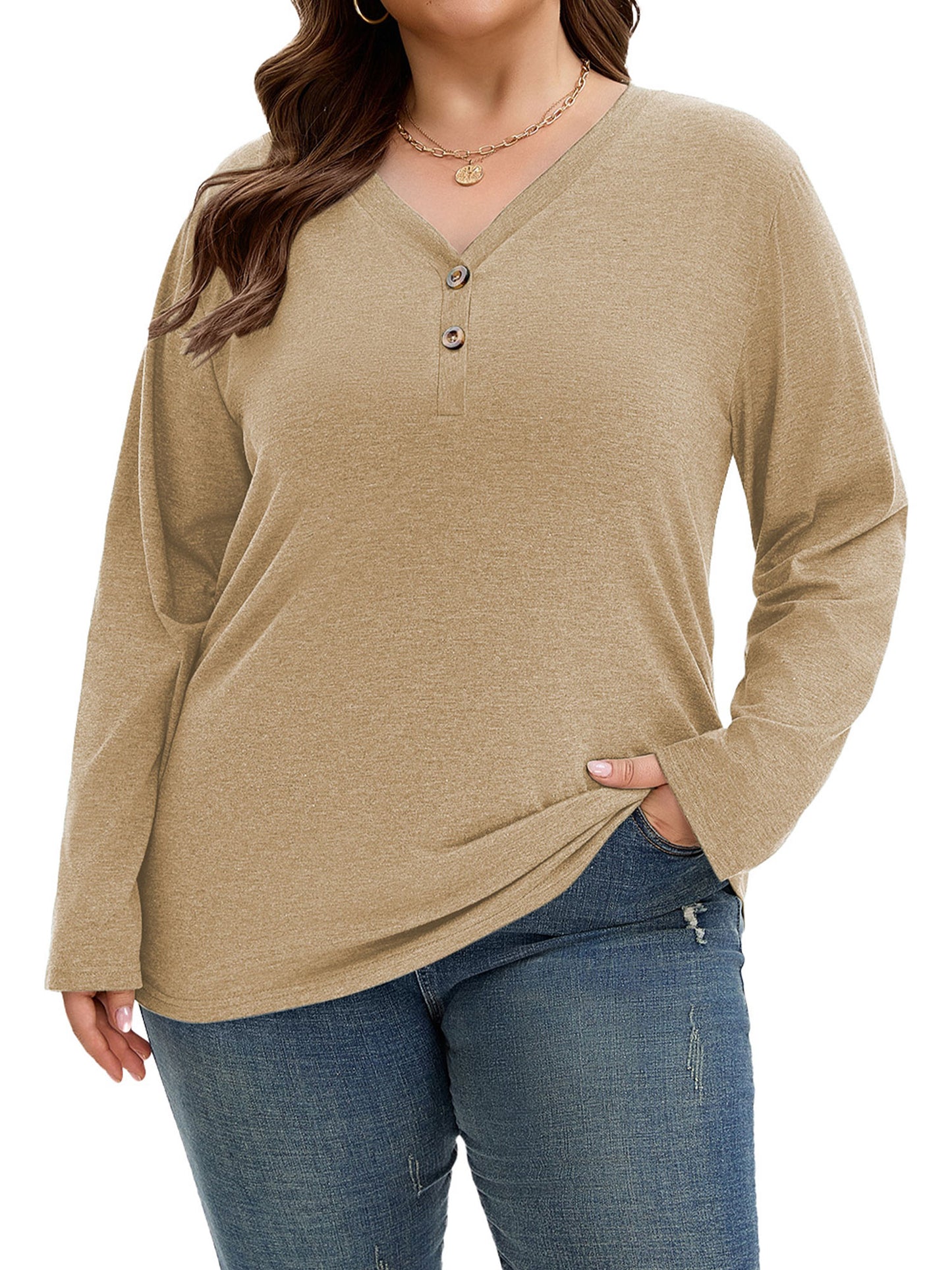 SHIBEVER Long Sleeve Shirts for Women Plus Size Womens Clothes V Neck Fall Tops for Women Trendy Womens Plus Size Tops Cotton Clothes Winter Khaki