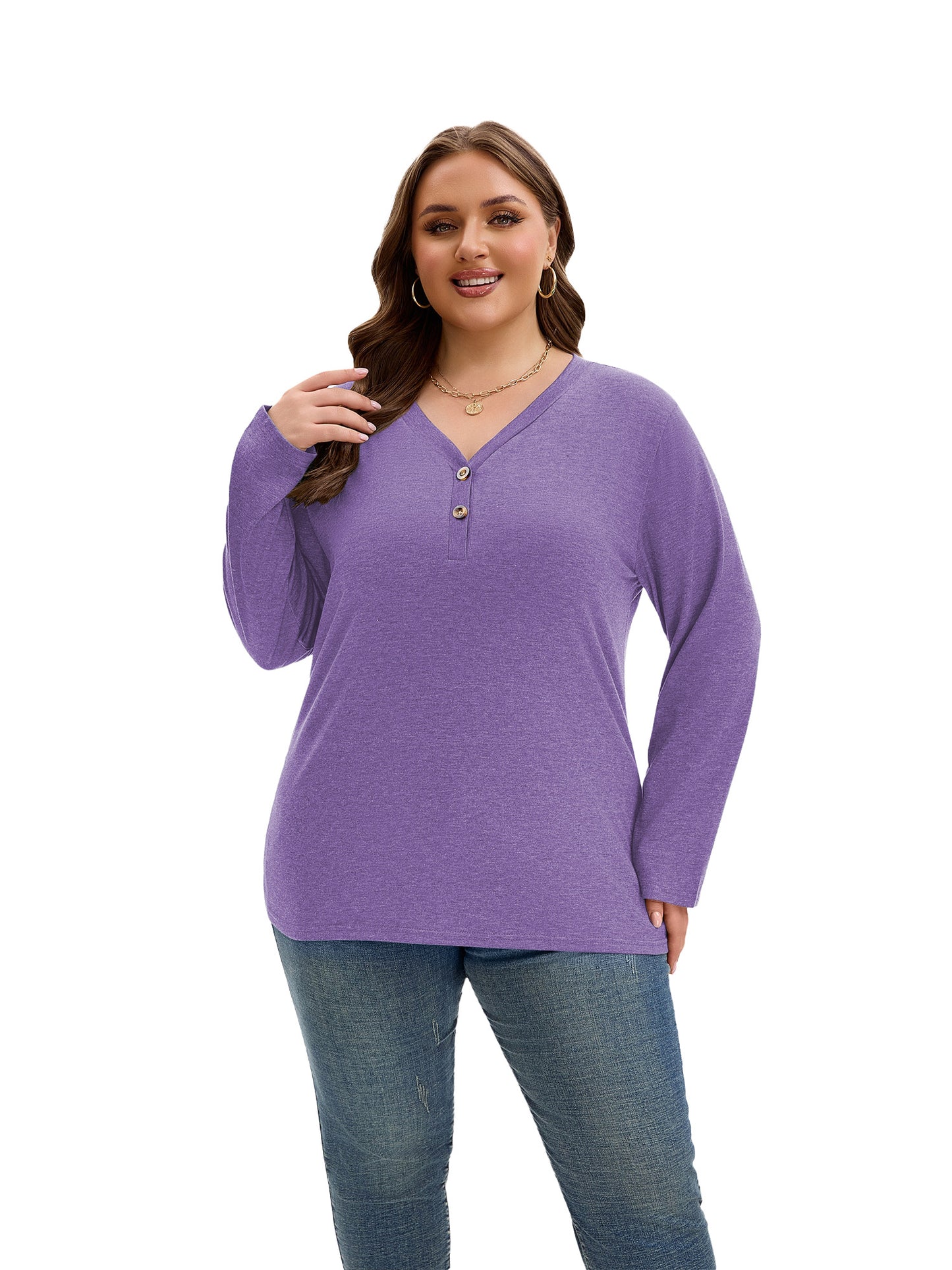 SHIBEVER Long Sleeve Shirts for Women Plus Size Womens Clothes Fall Shirts for Women Basic V Neck Tops for Women with Button Winter Cotton Purple