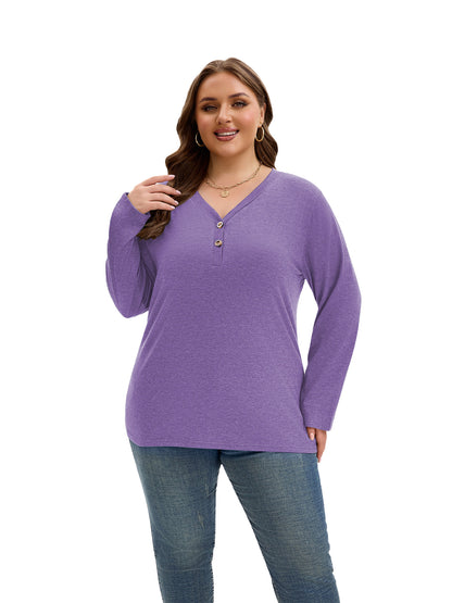 SHIBEVER Long Sleeve Shirts for Women Plus Size Womens Clothes Fall Shirts for Women Basic V Neck Tops for Women with Button Winter Cotton Purple