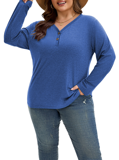 SHIBEVER Long Sleeve Shirts for Women Plus Size Womens Clothes Loose Fall Shirts V Neck Tops for Women with Button Cotton Top Winter Blue