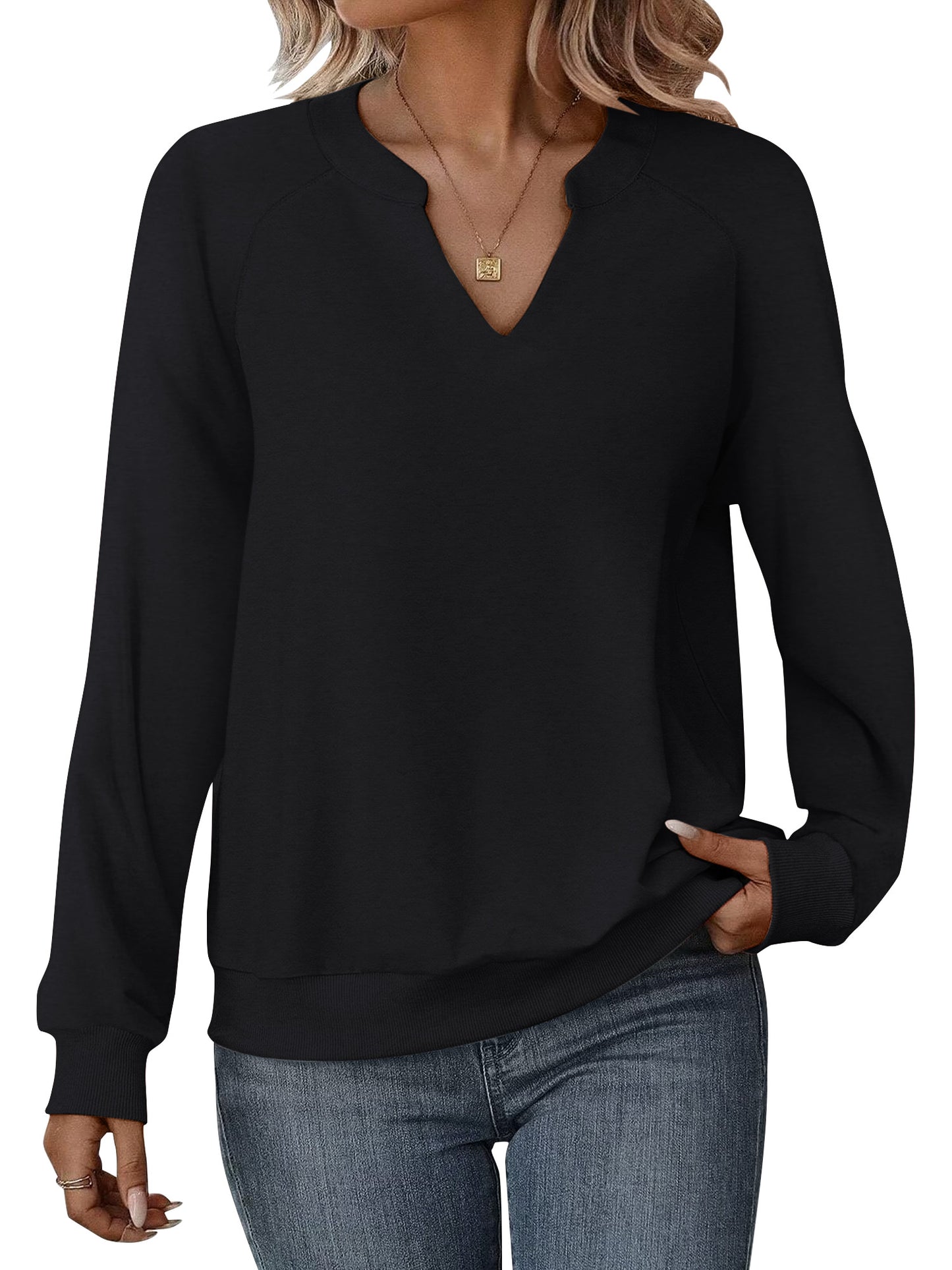 TEMOFON Womens Casual Long Sleeve V Neck Sweatshirts Cute Loose Fit Lightweight Pullover Tops for Womens Clothes Fall Shirts Tunic Tops Trendy Blouses