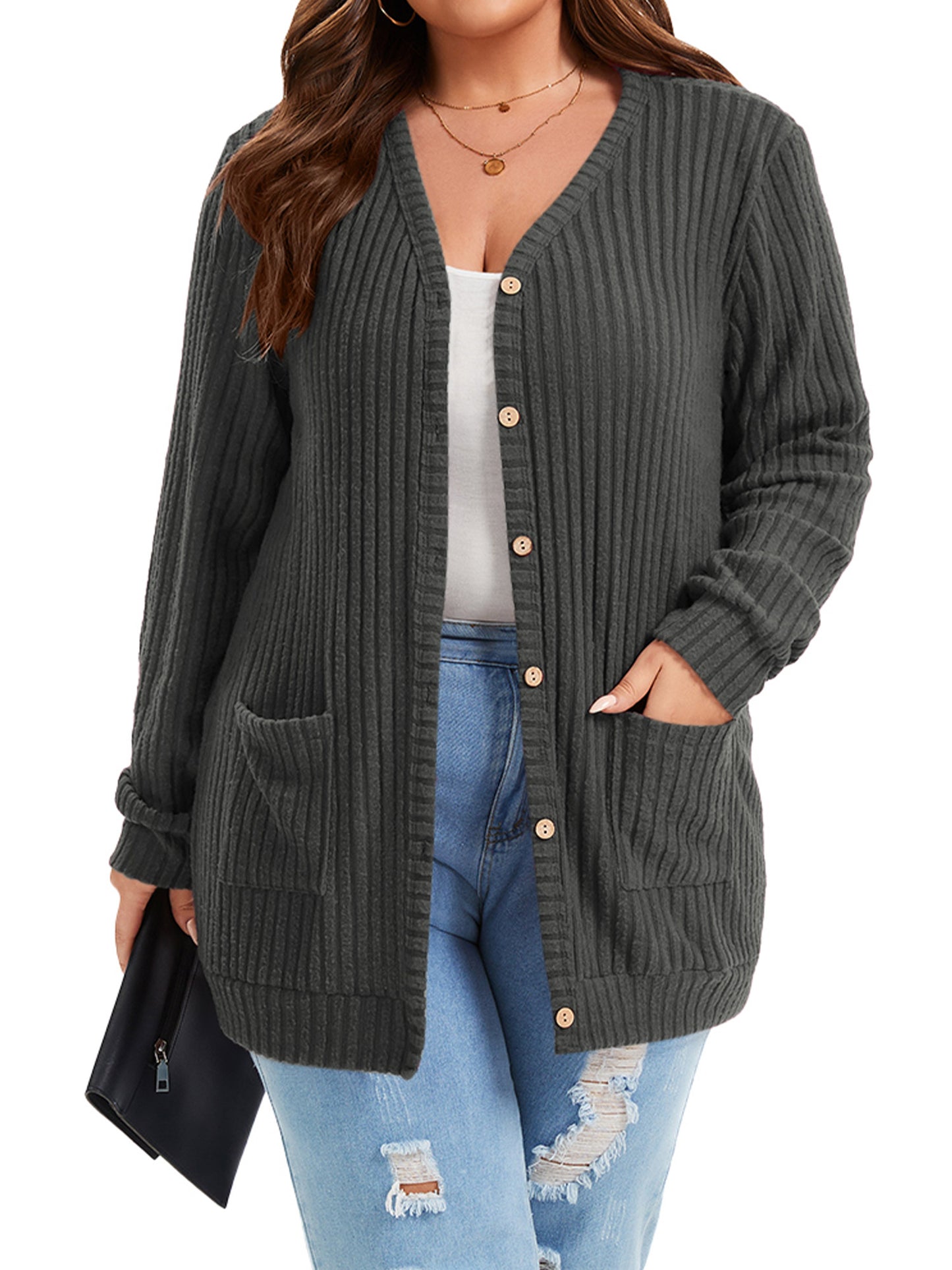 TEMOFON Cardigan Sweaters for Women Plus Size Oversized Cardigan Long Sleeve Buttons Down with Pocket Lightweight Open Front Outerwear Fall