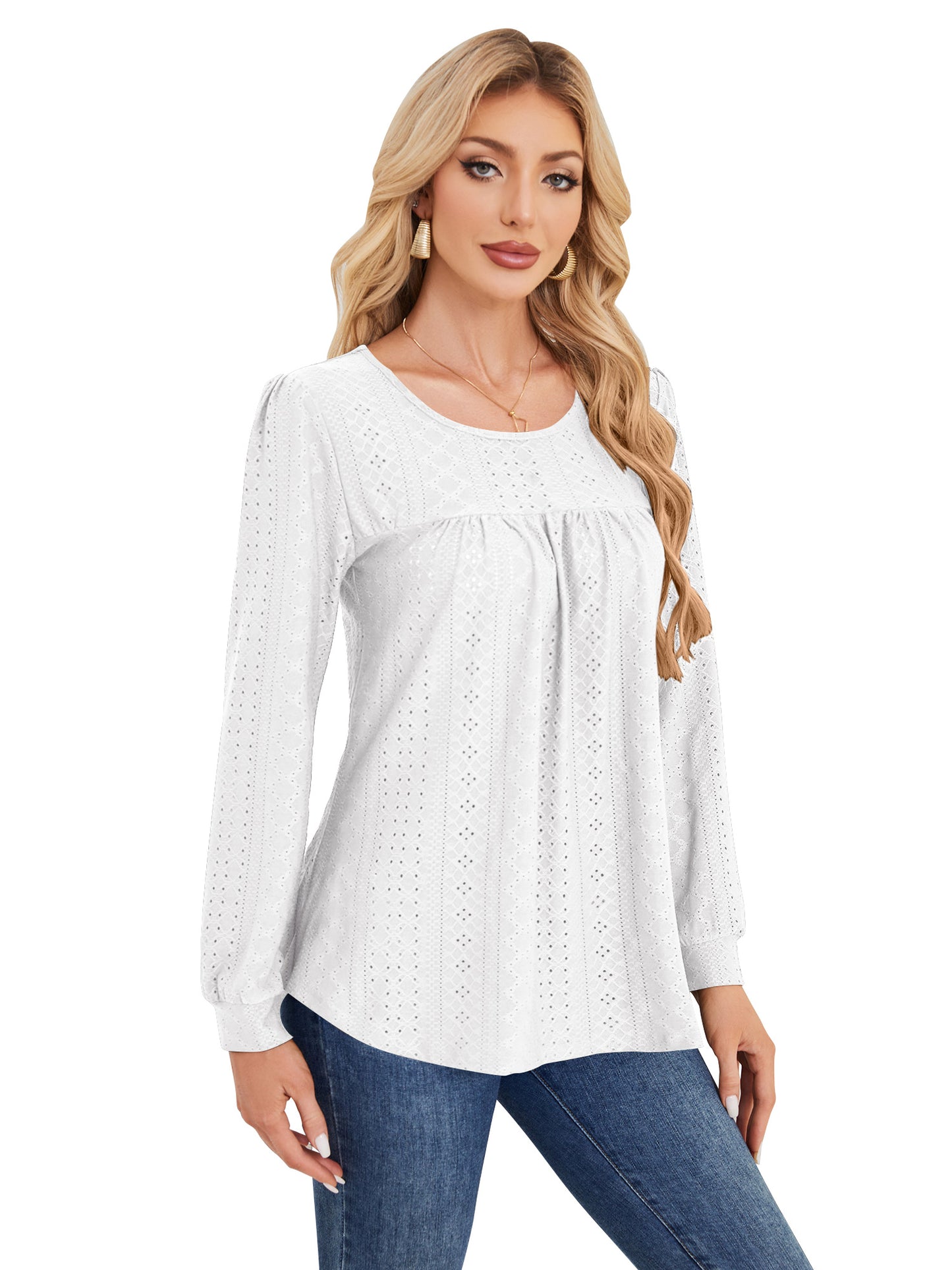 SWQZVT Long Sleeve Shirts for Women Fall Dressy Eyelet Blouses Tops Ladies 2025 Crew Neck Cute Casual Tee Shirts