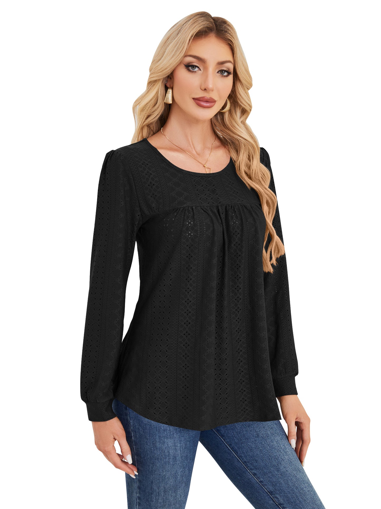 SWQZVT Long Sleeve Shirts for Women Fall Dressy Eyelet Blouses Tops Ladies 2025 Crew Neck Cute Casual Tee Shirts