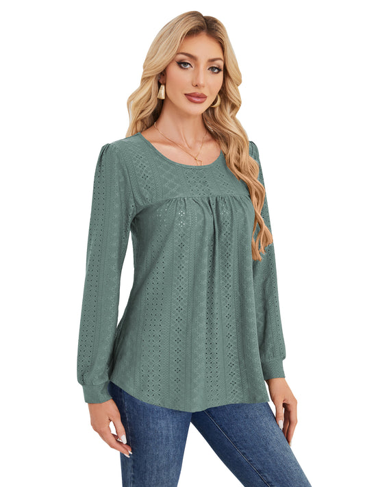 SWQZVT Long Sleeve Shirts for Women Fall Dressy Eyelet Blouses Tops Ladies 2025 Crew Neck Cute Casual Tee Shirts