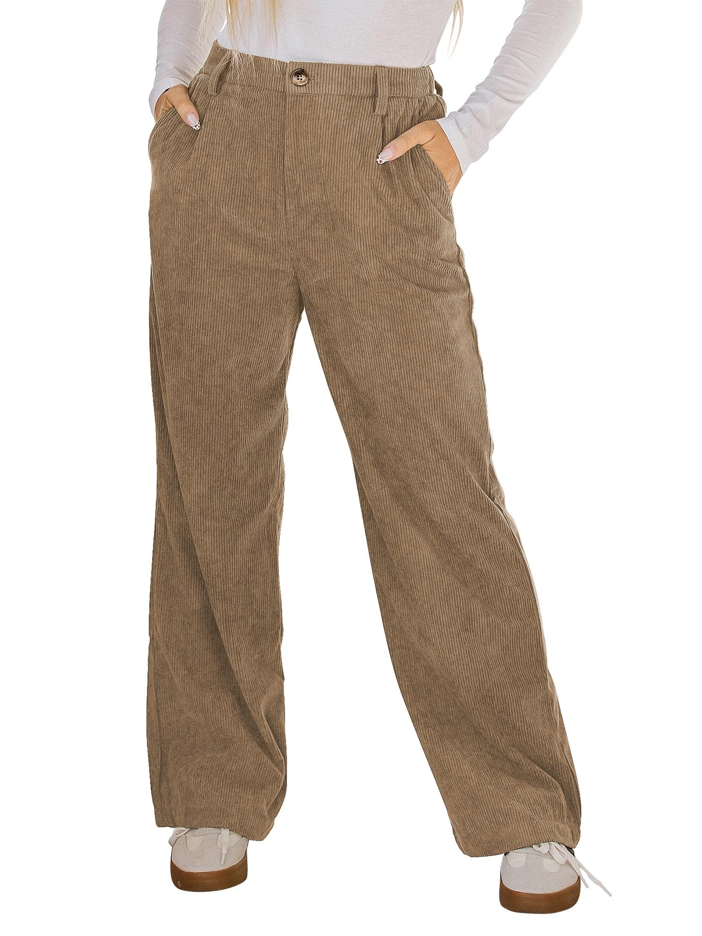 SWQZVT Womens Corduroy Pants Dressy Straight Leg Pants for Women Comfy Elastic Waistband Slacks with Pockets Woman Pant