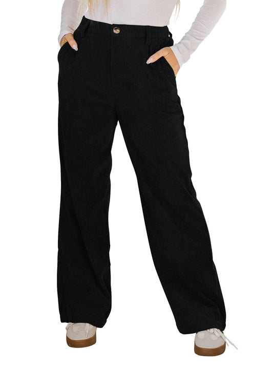 SWQZVT Womens Corduroy Pants Dressy Straight Leg Pants for Women Comfy Elastic Waistband Slacks with Pockets Woman Pant