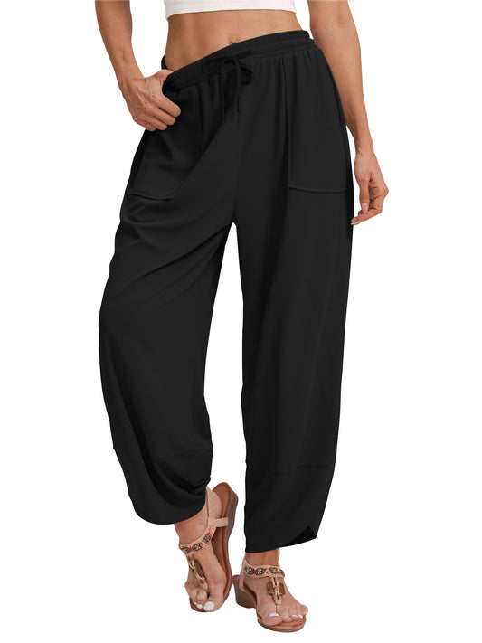 TEMOFON Wide Leg Pants Womens Waffle Knit Casual Drawstring Elastic Waisted Palazzo Harem Pants with Pockets Womens Clothes Baggy Lightweight Beach Work Trousers