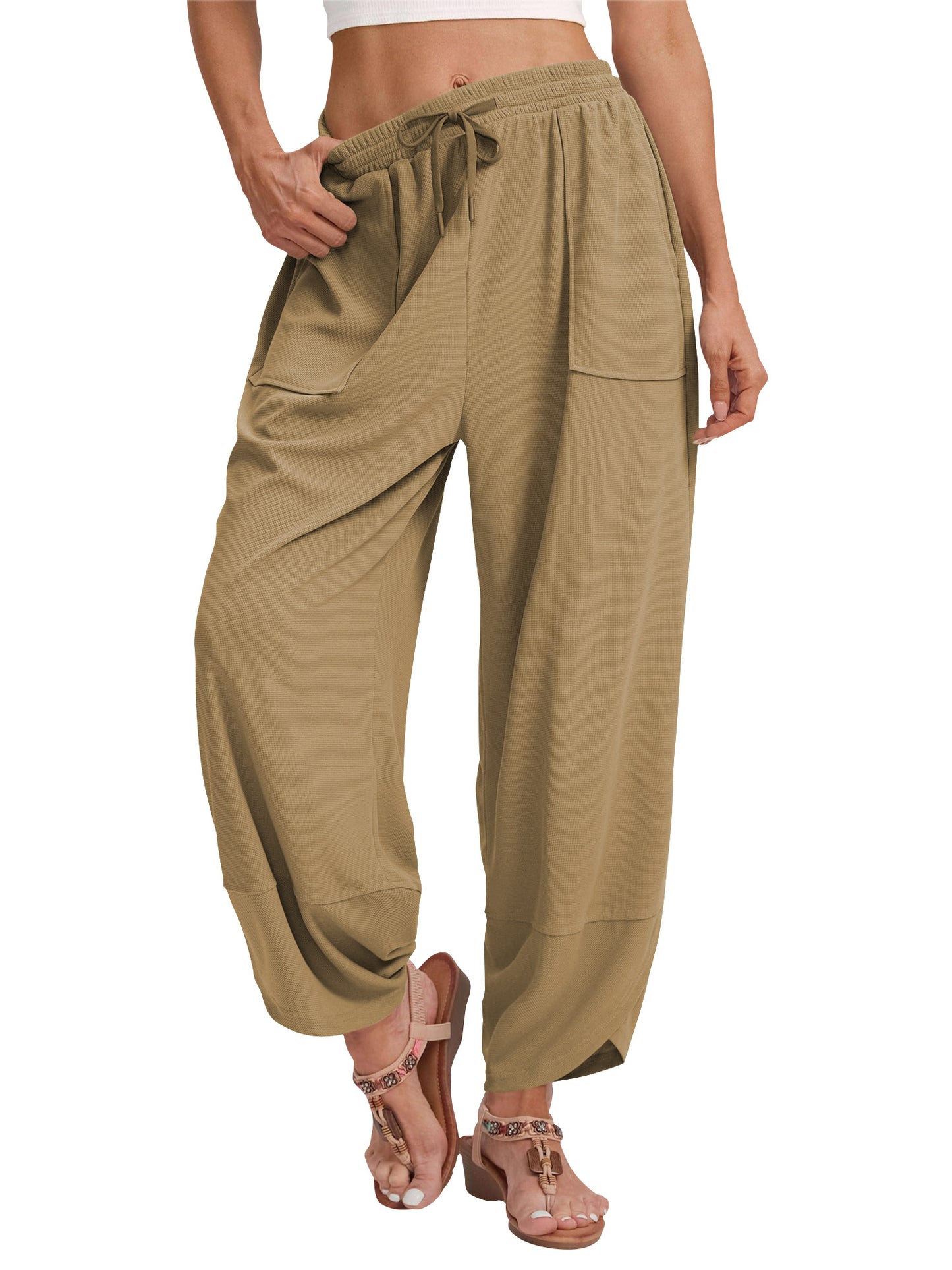 TEMOFON Wide Leg Pants Womens Waffle Knit Casual Drawstring Elastic Waisted Palazzo Harem Pants with Pockets Womens Clothes Baggy Lightweight Beach Work Trousers