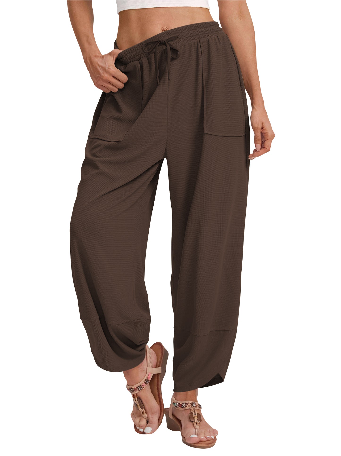 TEMOFON Wide Leg Pants Womens Waffle Knit Casual Drawstring Elastic Waisted Palazzo Harem Pants with Pockets Womens Clothes Baggy Lightweight Beach Work Trousers