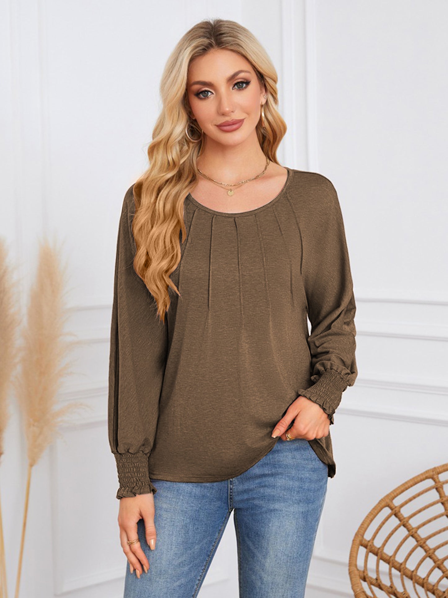 TEMOFON Blouses for Women Casual Long Sleeve Tunic Tops Fall Dressy Pleated Shirts for Women Winter Clothes