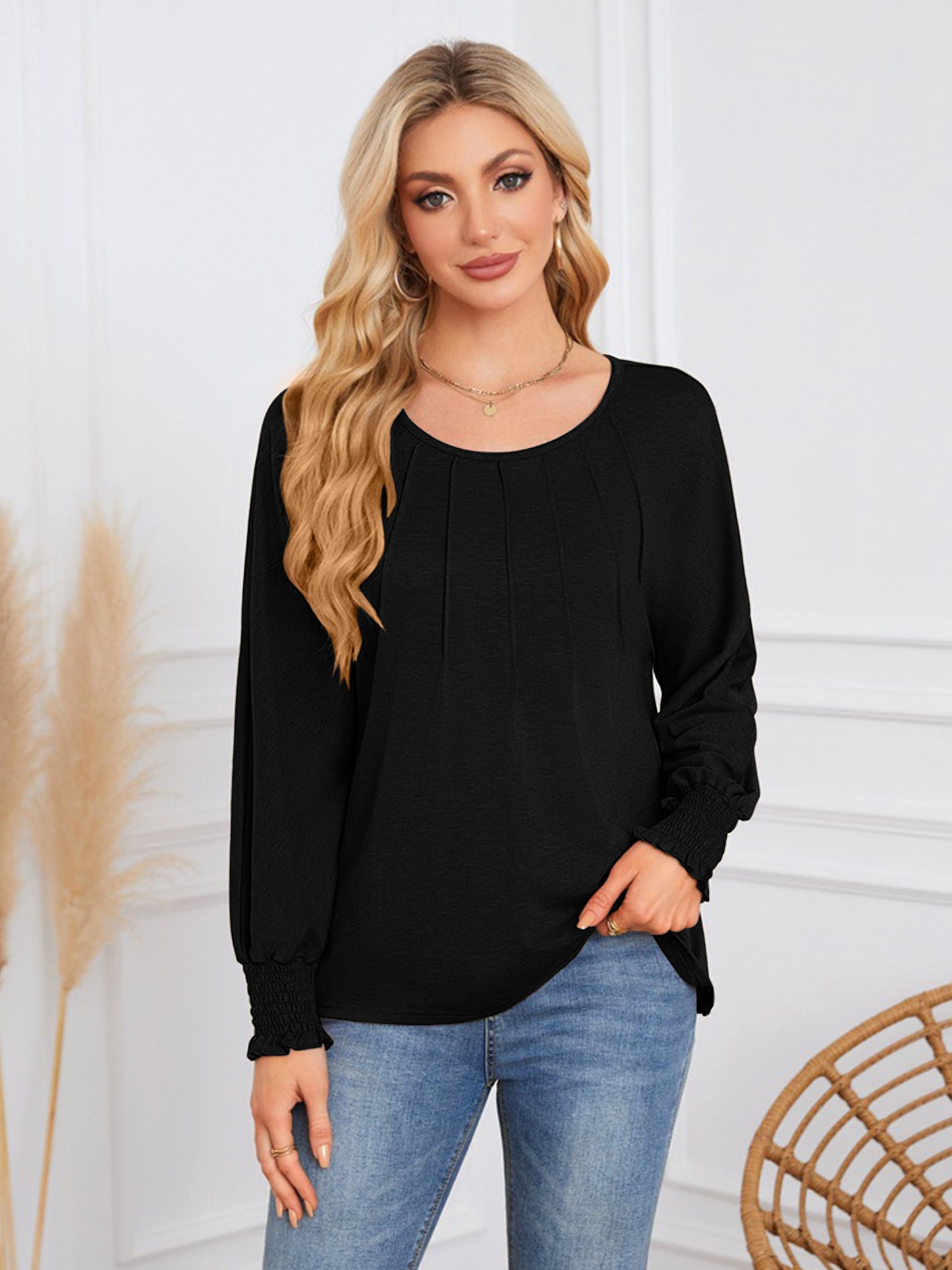 TEMOFON Blouses for Women Casual Long Sleeve Tunic Tops Fall Dressy Pleated Shirts for Women Winter Clothes