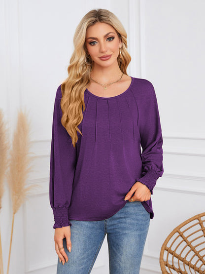 TEMOFON Blouses for Women Casual Long Sleeve Tunic Tops Fall Dressy Pleated Shirts for Women Winter Clothes