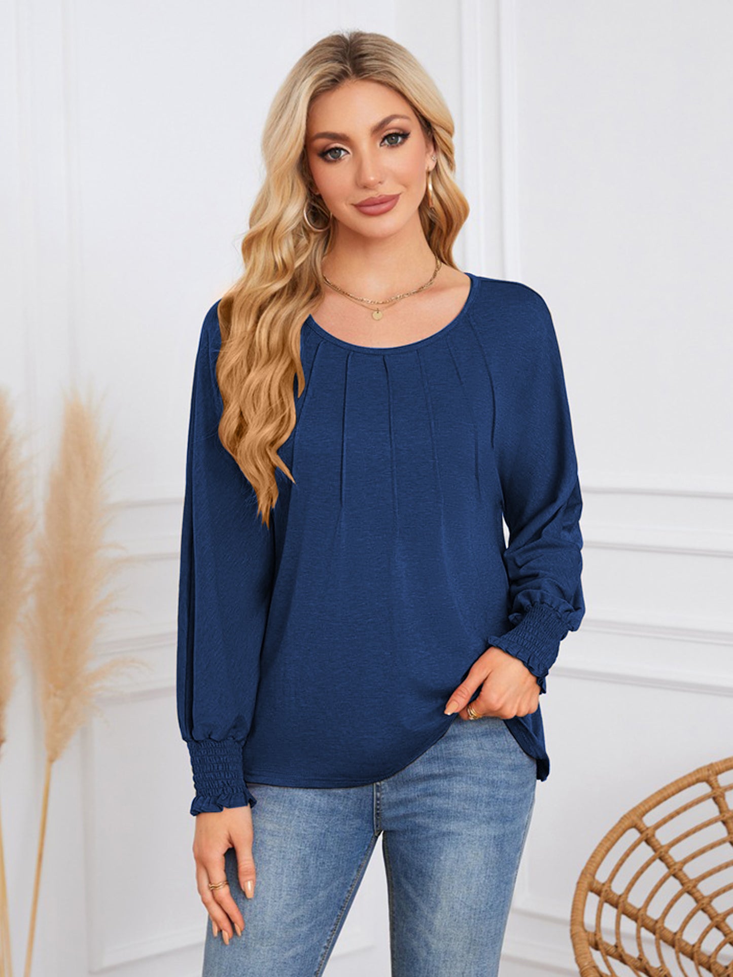 TEMOFON Blouses for Women Casual Long Sleeve Tunic Tops Fall Dressy Pleated Shirts for Women Winter Clothes