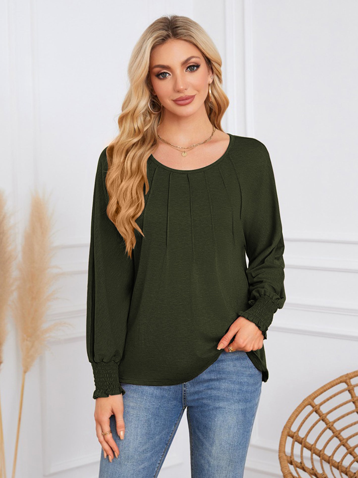 TEMOFON Blouses for Women Casual Long Sleeve Tunic Tops Fall Dressy Pleated Shirts for Women Winter Clothes